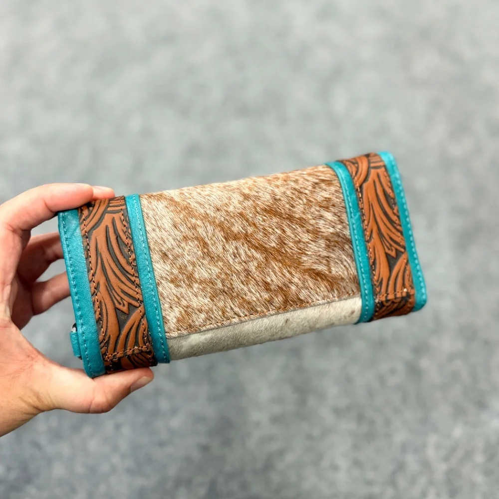 Montana West Hair-On Hide Tooled Wallet – Western Wristlet Brown- Turquoise